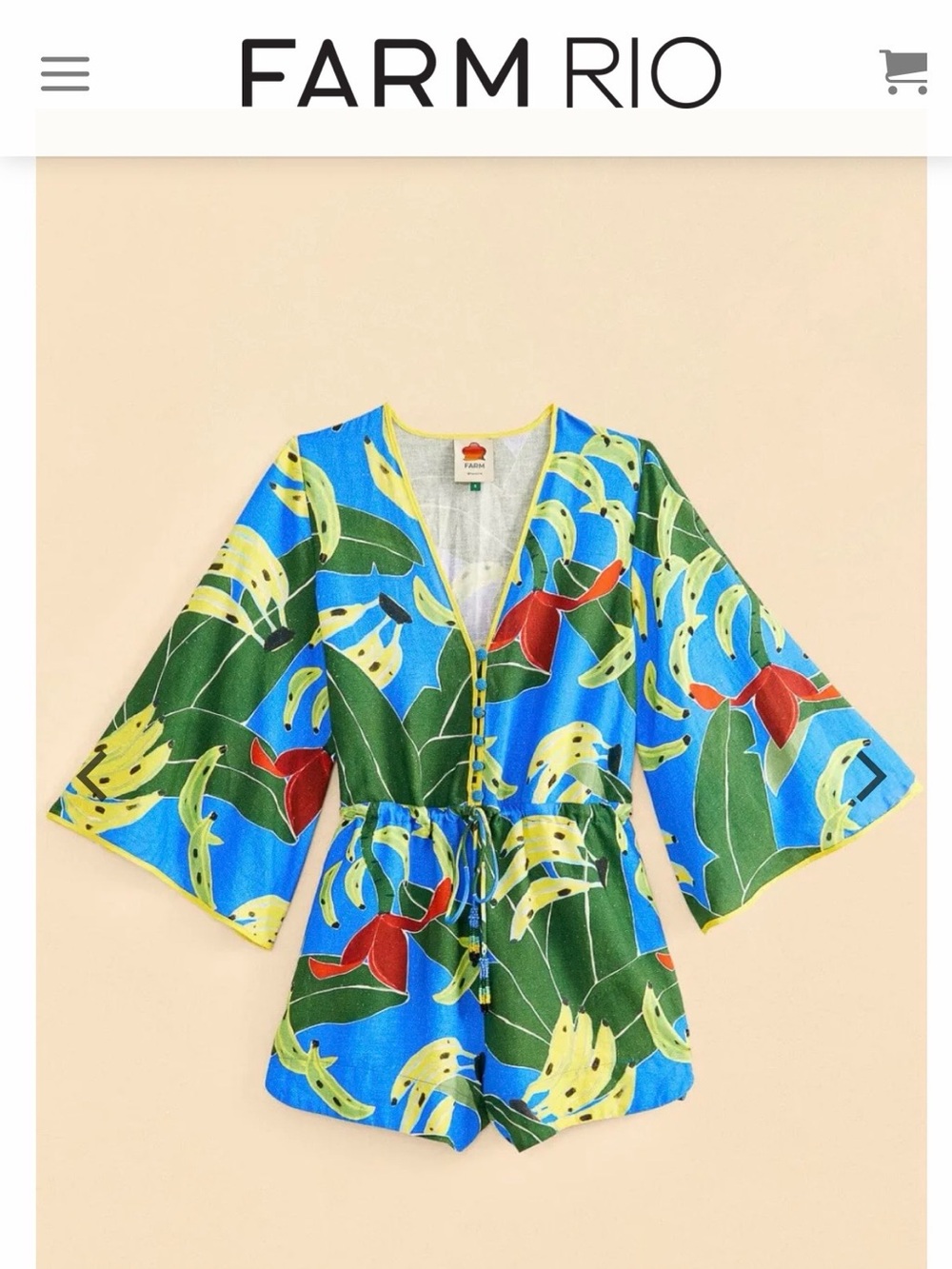 Farm Rio NWT Blue Banana Leaves Tropical V-Neck Drawstring Beaded Romper, size L